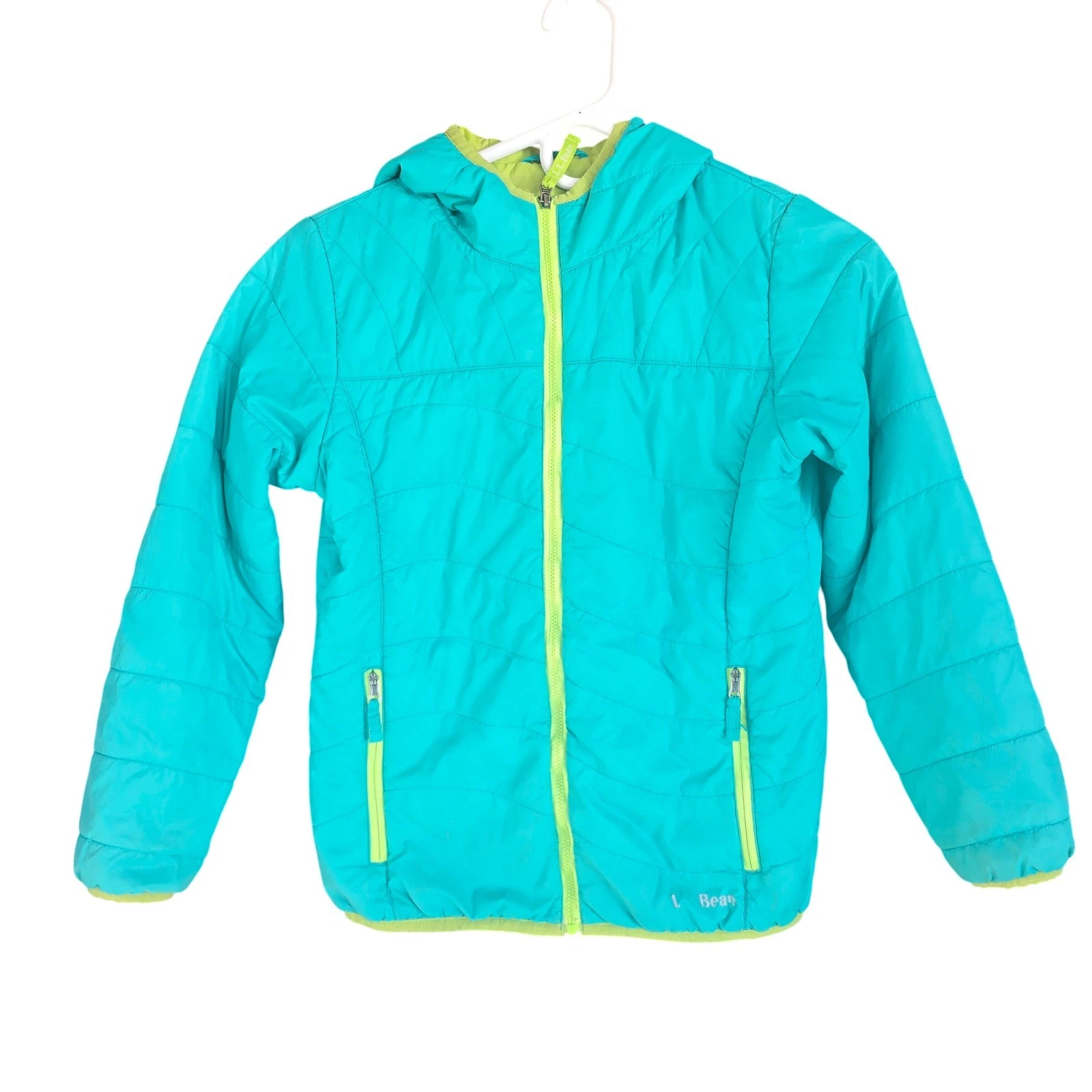 LL Bean Kids Turquoise Yellow Quilted Hooded Jacket Size 10 12
