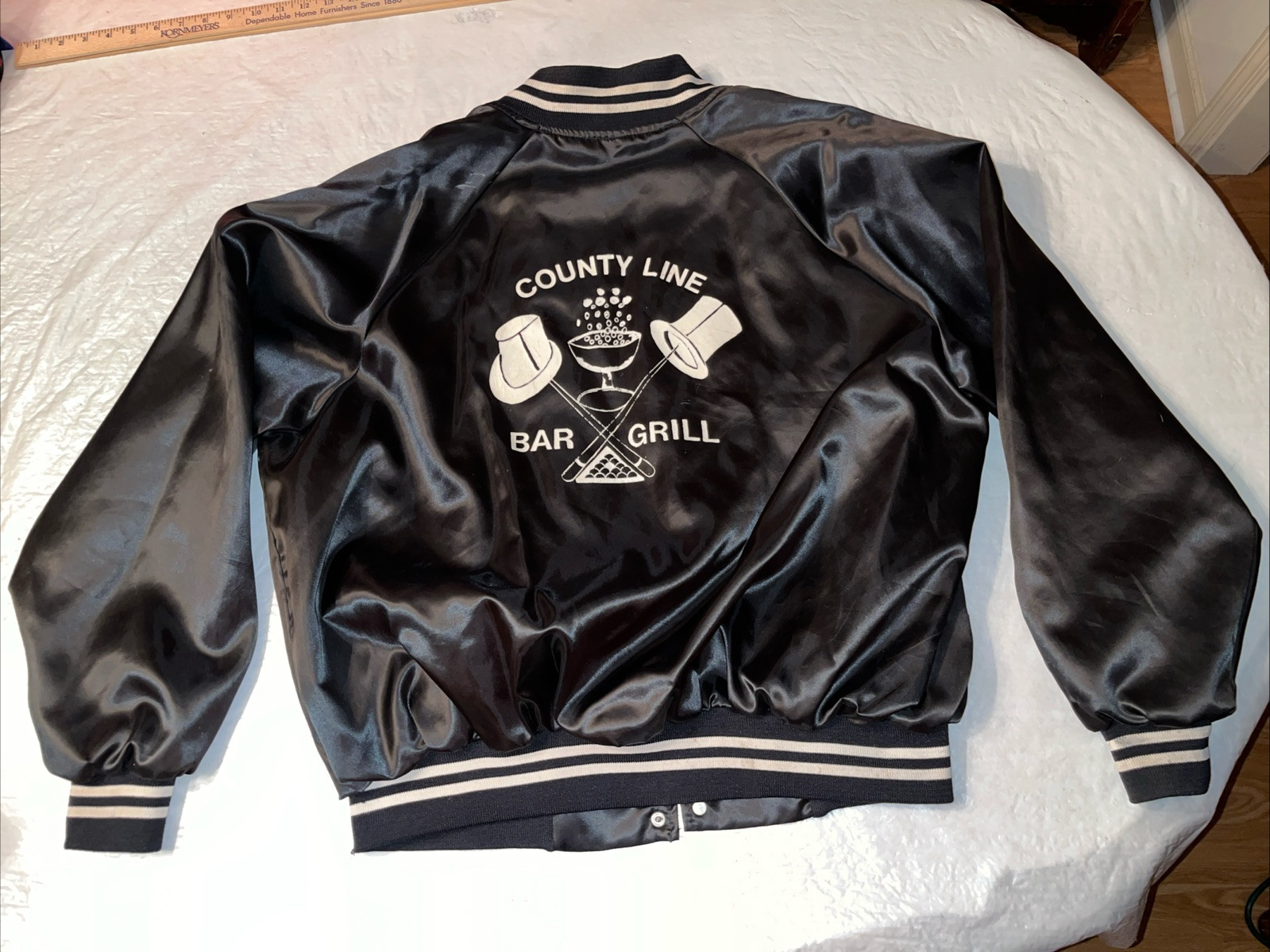 vtg USA MADE satin snap varsity bomber jacket XXL black Bar Billiards Alcohol