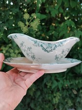 Saucière ancienne Lunéville en faïence, décor floral vert vintage