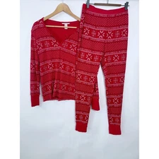 Victorias Secret Red Fair Isle Snowflake Thermal Pajama Set Top & Pants Womens M