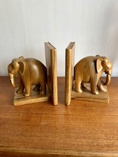 Elephant Wood Bookends Pair of Hand Carved Wooden Animal Book Ends