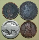 Lot of 4 Old Coins – 1 Indian Head Penny, 1 Lib V 5c, 1 Buffalo 5c & 1 Linc 1c