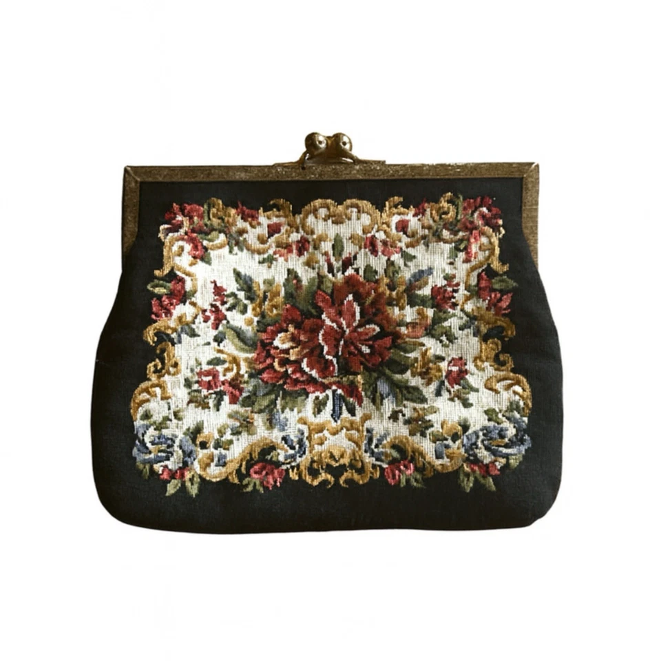 Bolso sin asas vintage 1950 WALBORG tapiz de punta de aguja bolso broche de beso con cadena Foto 3 de 4