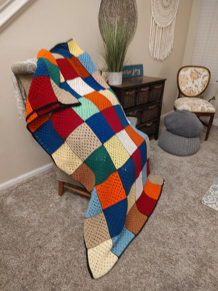 Cama Doble Grande Años 70 Afgana, 90×66 Color Sólido Cuadrado Patchwork Hilo Alta Calidad Foto 3 de 4