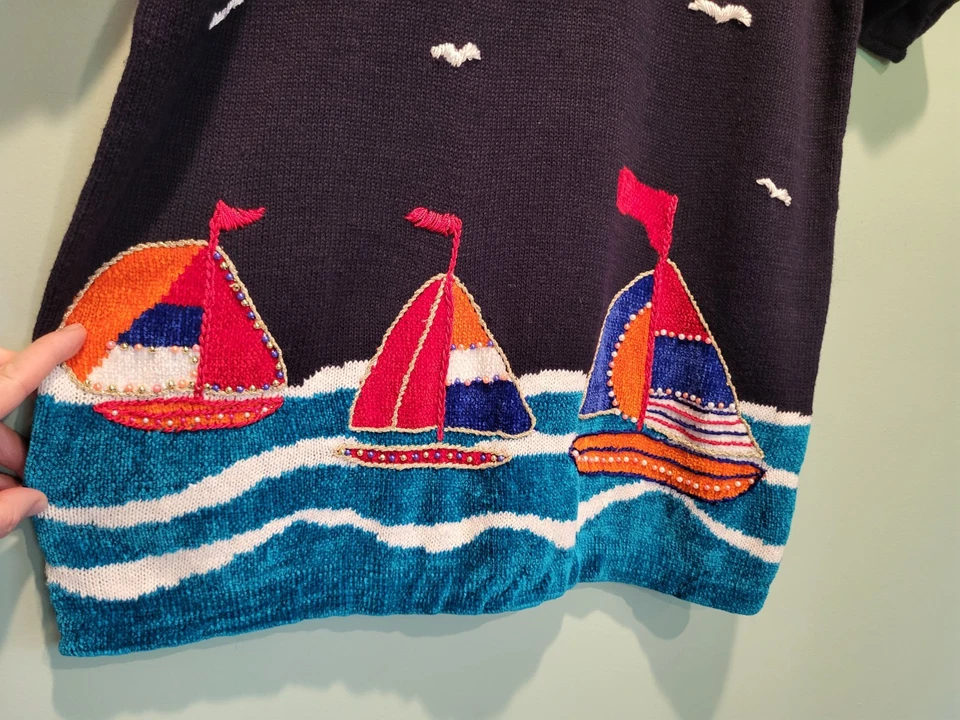 全新 Victoria Harbour 短袖串珠帆船毛衣 尺寸 M 沿海航海 — 第 2/4 张图片