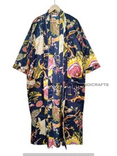 Floral Print Cotton Lightweight Blue Hippie Lingerie Beach Cover Up Kimono Robe