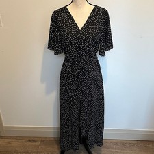 HYFVE Black and White Polka Dot Midi Dress Faux Wrap Medium Nautical Old Money