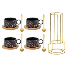 4pc Stackable Ceramic Coffee Mug Set with Rack,180ml Coffee Cup & Saucer + Spoon