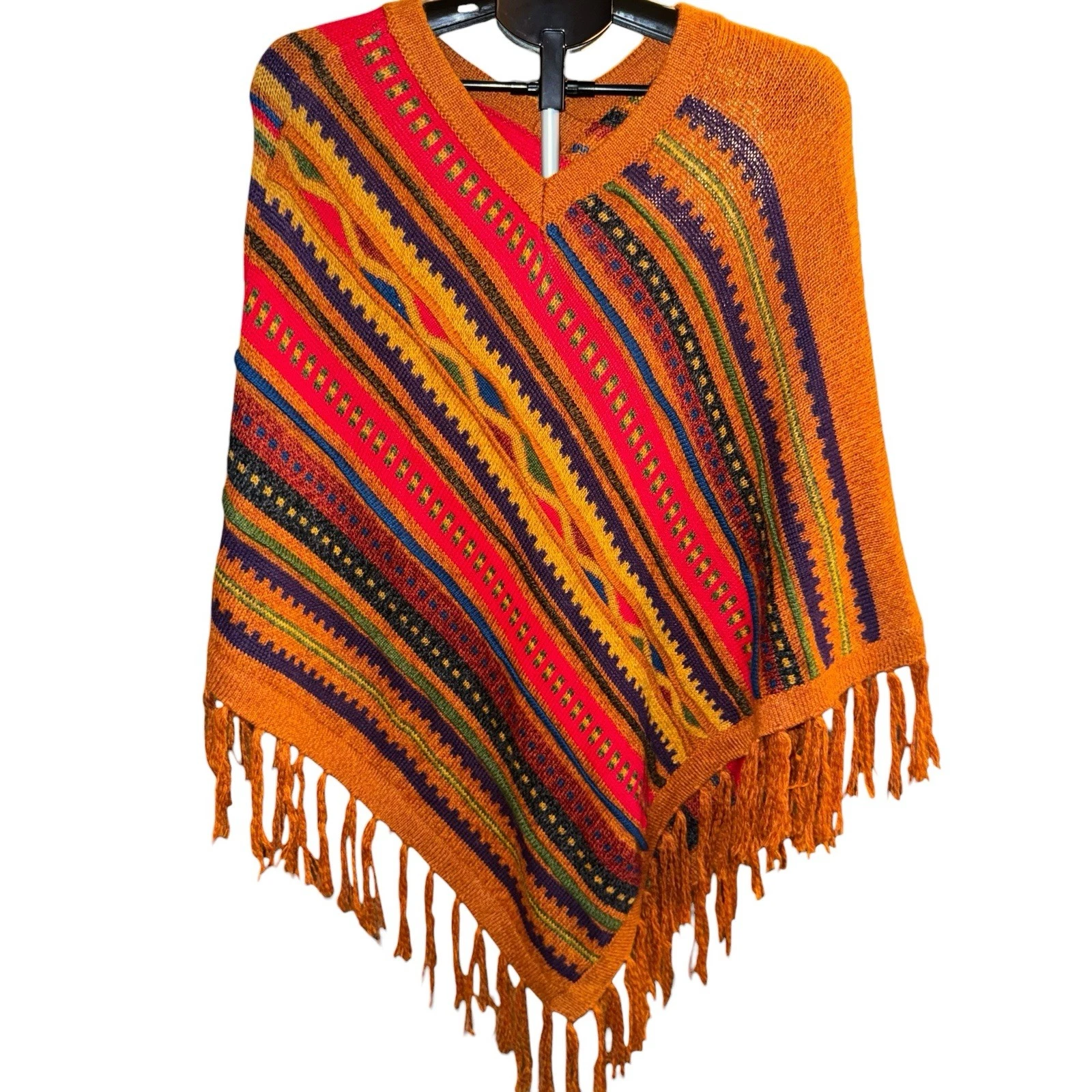 Baby Alpaca Poncho Cape Sweater OS Multicolor Stripes Peruvian Fringe Beautiful