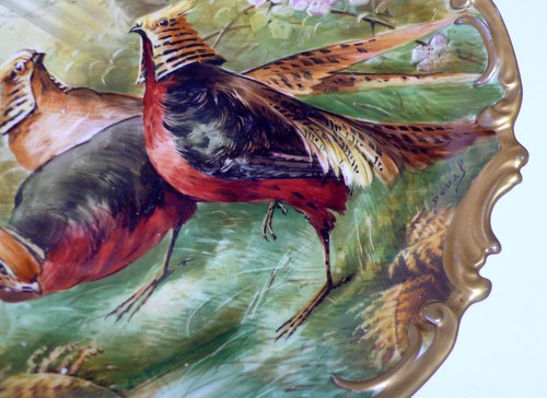 Antique Limoges "COIFFE ET CIE" Handpainted Pheasants Wall Plate Artist Signed - Picture 10 of 16