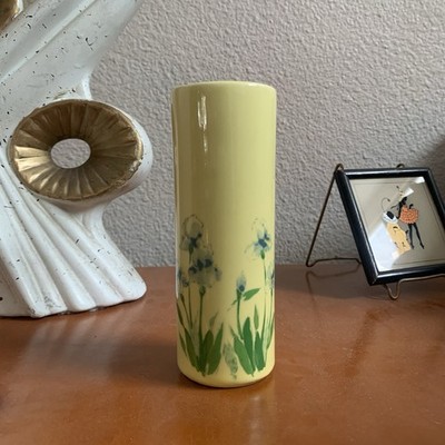 C. 1940 McCoy Ceramic Butter Yellow Vase Purple Irises Bud Vase  5.75 Inch Tall
