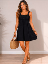 Elle Solid Black Floral-Trim Lace Mini Sundress Square Neck Sleeveless size L