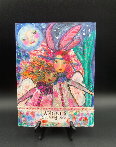 Whimsical Mia Moyad Original Mixed Media Art Signed ANGELS AMONG US 12" x 9"