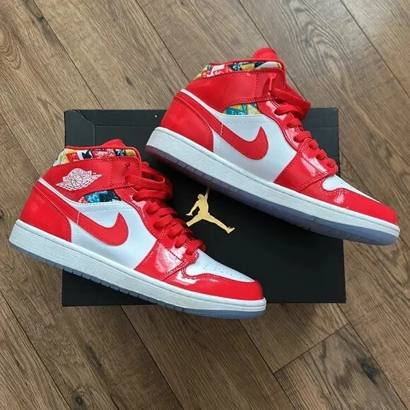 Air Jordan 1 Mid SE Barcelona Sweater Chile Red White Patent Sneakers Mens 9.5
