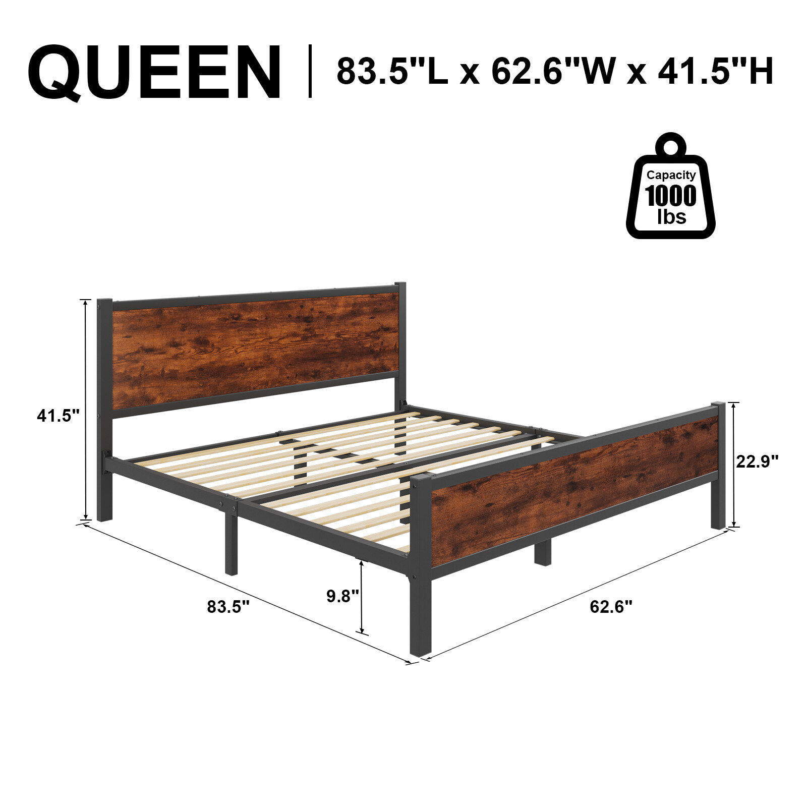 Bed Frame Metal Platform Queen Size with Wooden Headboard and Footboard-image