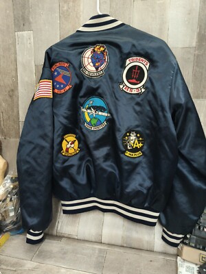 Vtg 90's Swingster U.S. Navy Blue Satin Quilted Bomber