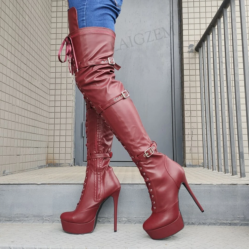 Stivali donna sopra il ginocchio larghi polpaccio amichevoli regolabili scarpe lacci tacco alto stivali - Immagine 2 di 4