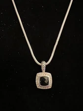 David Yurman Petite Albion Sterling Silver Pave Diamond Onyx Pendant Plus Chain