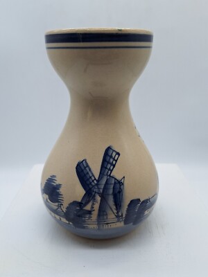 Vintage Dutch  Bulb Planter Vase Windmill  6'' Delft Blue Holland Windmills