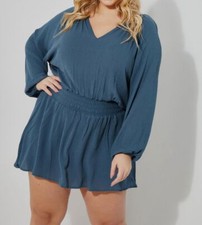 $62 Rasins Curve Women's Blue V-Neck Smocked A-Line Dress Plus Size 2X