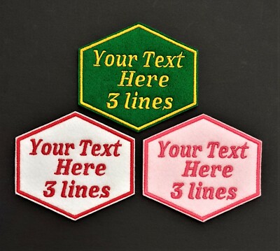 Personalised Embroidered Name Patch Badge Hexagon Three lines Box Iron on sew on