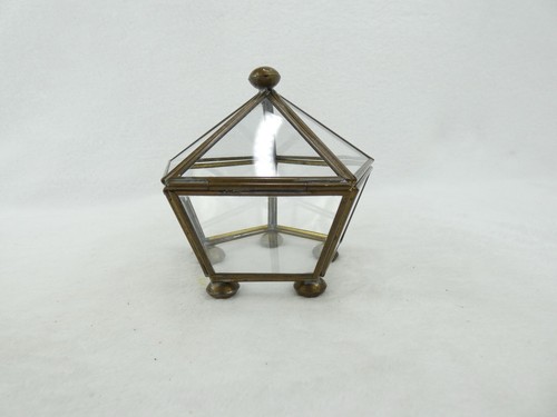 Vintage Glass & Brass Pentagon Trinket Box With Lid Jewelry Display Case 5 Side - Picture 4 of 5