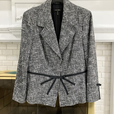 Escada Sz 46 Black & white Tweed Jacket With Black Top Stitched with Bow, EUC
