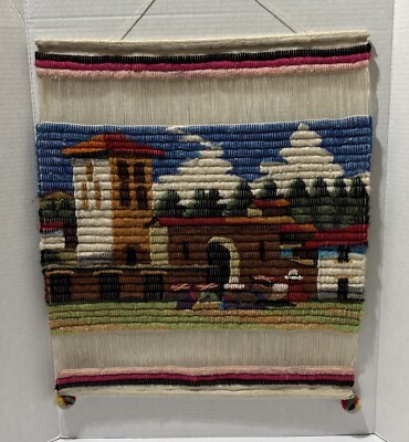 Vintage Hand Woven Peruvian Alpaca Sheep Wool Wall Hanging Village Tapestry  READ