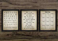 Alphabet Grammar Times Tables Prints Set of 3 Educational Vintage Style Wall Art