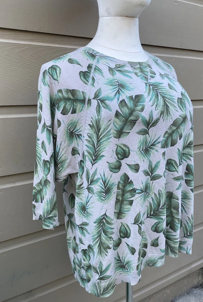 NWT J. Jill 2X Tan Palm Leaf Print Sweater 3/4 Sleeve Tropical Green Beach - Image 4 of 4