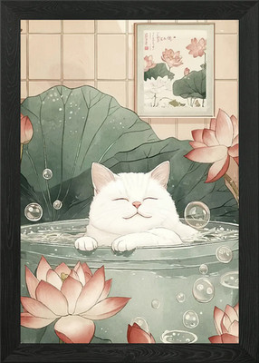 Cat Lotus Bath Framed Wall Art Poster Canvas Print Picture