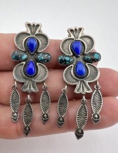 Vtg Navajo Sterling Silver Turquoise & Lapis Lazuli Stamped Dangle Post Earrings