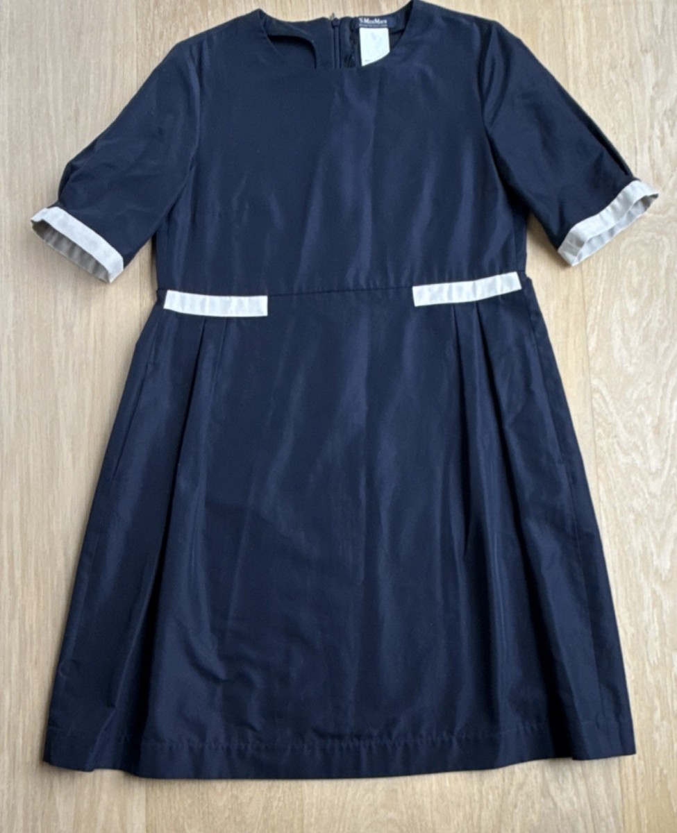 S Max Mara Navy Contrast Trim Shift Dress Knee Length Short Sleeve Crew Neck 8 S Max Mara Navy Contrast Trim Shift Dress Knee Length Short Sleeve Crew Neck 8