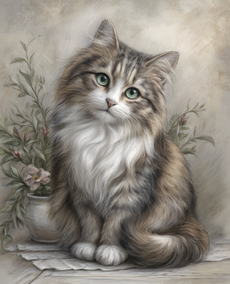 8x10 Cat On Table With Flowers Art Print Wall Decor - 545111906