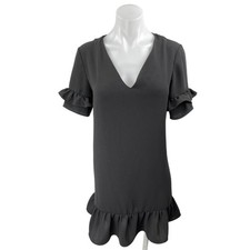 Zara Black Deep V Neck Ruffle Pullover Short Sleeve Shift Mini Dress Size S