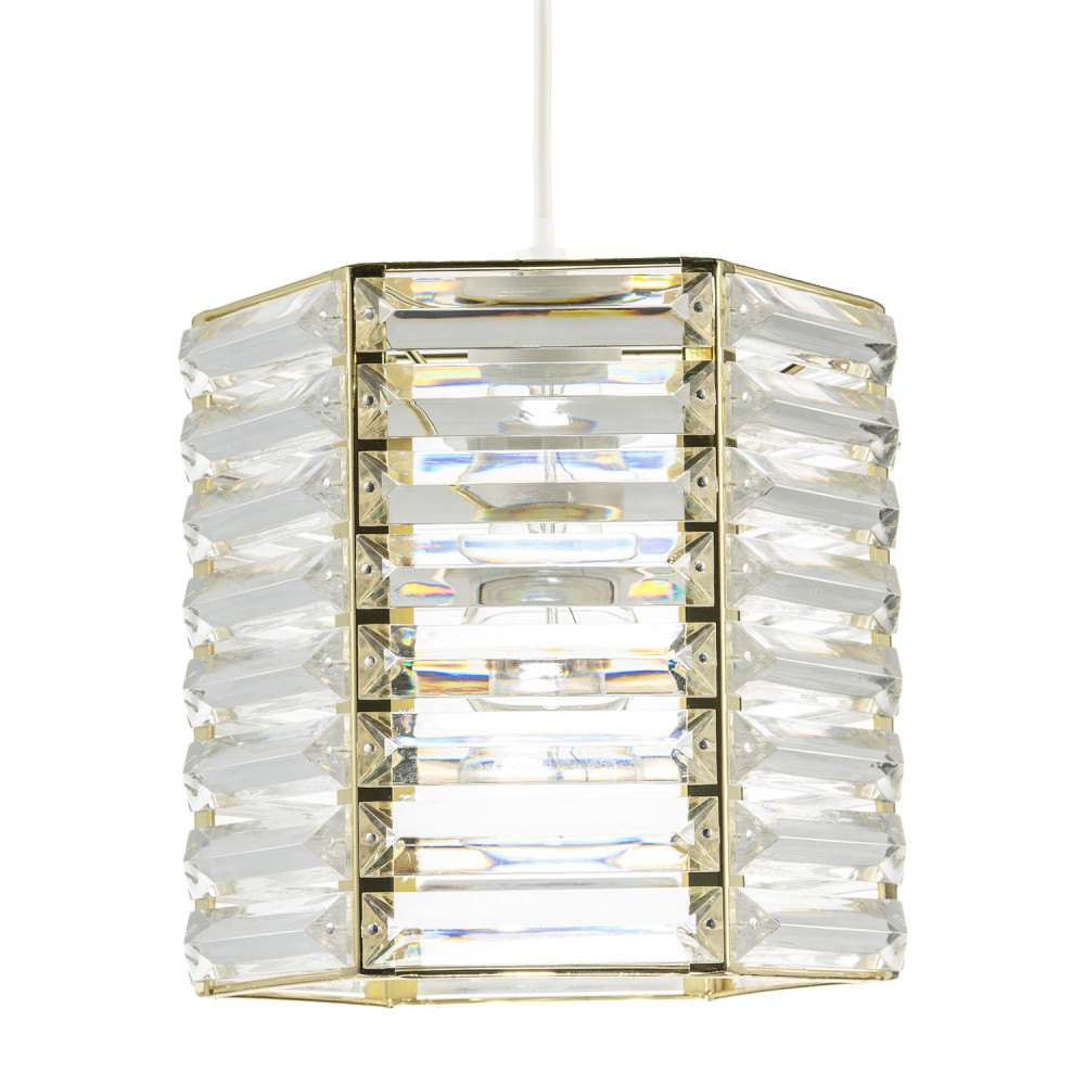 Modern Hexagonal Polished Gold Pendant Shade with Clear Acrylic Rods by Happy...