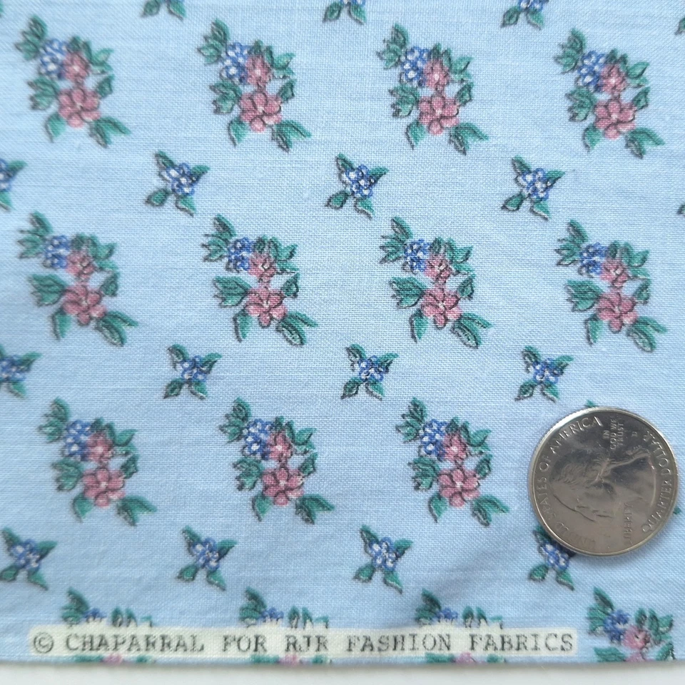VTG Tiny Pink Purple Flowers On Blue Small Print Cotton RJR Fabrics 20"L x 44"W - Image 4 of 4