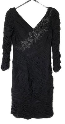 sue wong black cocktail dress SUE WONG Black Ruched Embroidered Beaded V-Neck Bodycon Cocktail Dress 6  VINTAGE