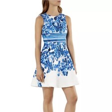 Karen Millen Blue White Floral Sateen Sleeveless Flare Dress Size 10