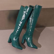 Women's Block High Heel Knee High Boots Leather Zipper Knight Boots Shoes