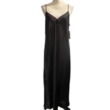 August Silk Y2K Slip Dress Black 100% Silk Maxi Size L Side Slit Whimsigoth Hoco