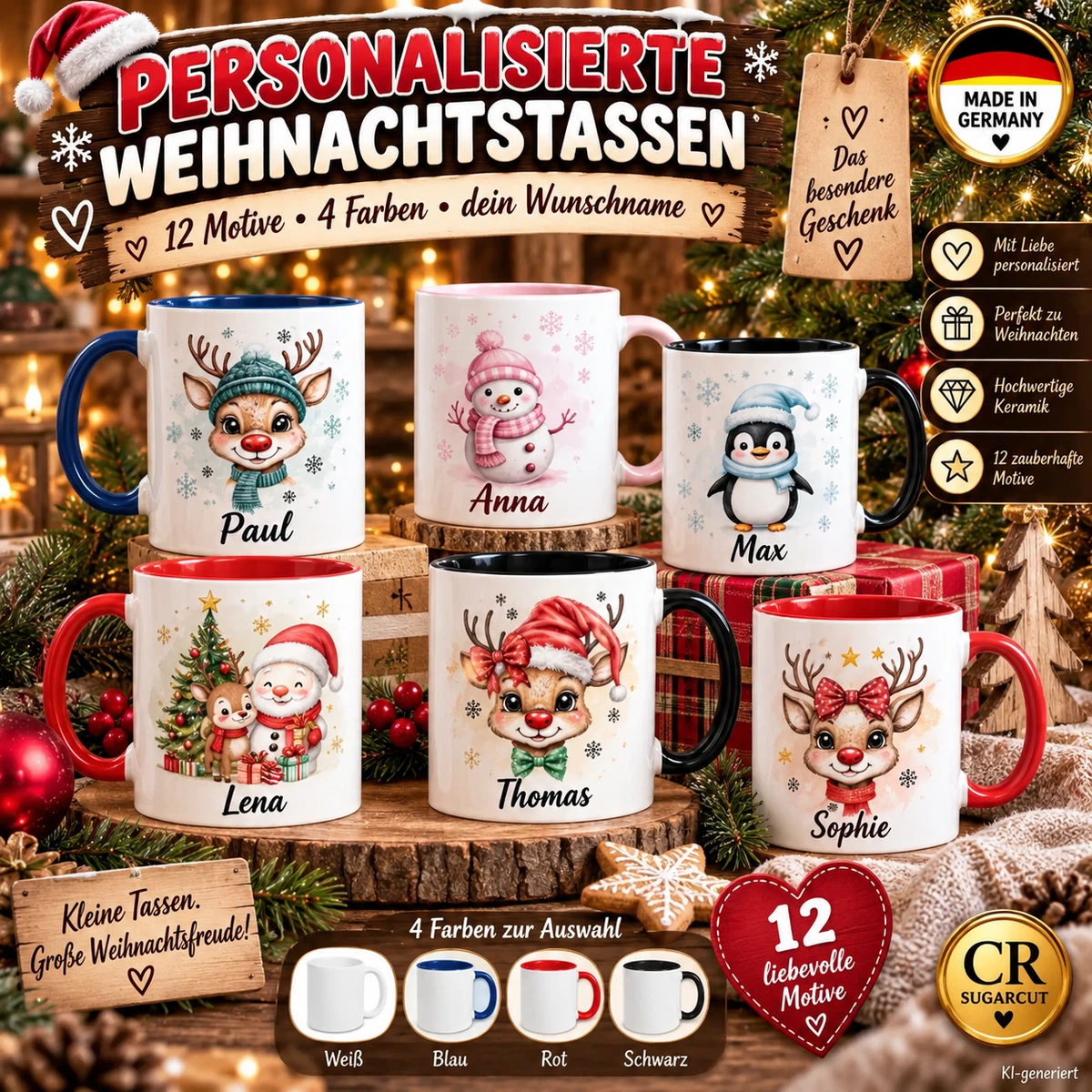 Personalisierte Weihnachtstasse mit Name 12 Motive 4 Farben 330ml