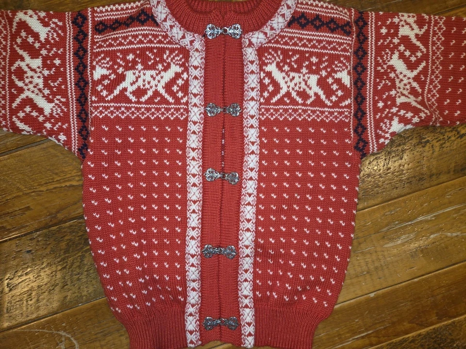 Cárdigan Suéter Dale Of Norway Talla 10 Lana Roja Reno Fair Isle Tejido De Colección Foto 3 de 4