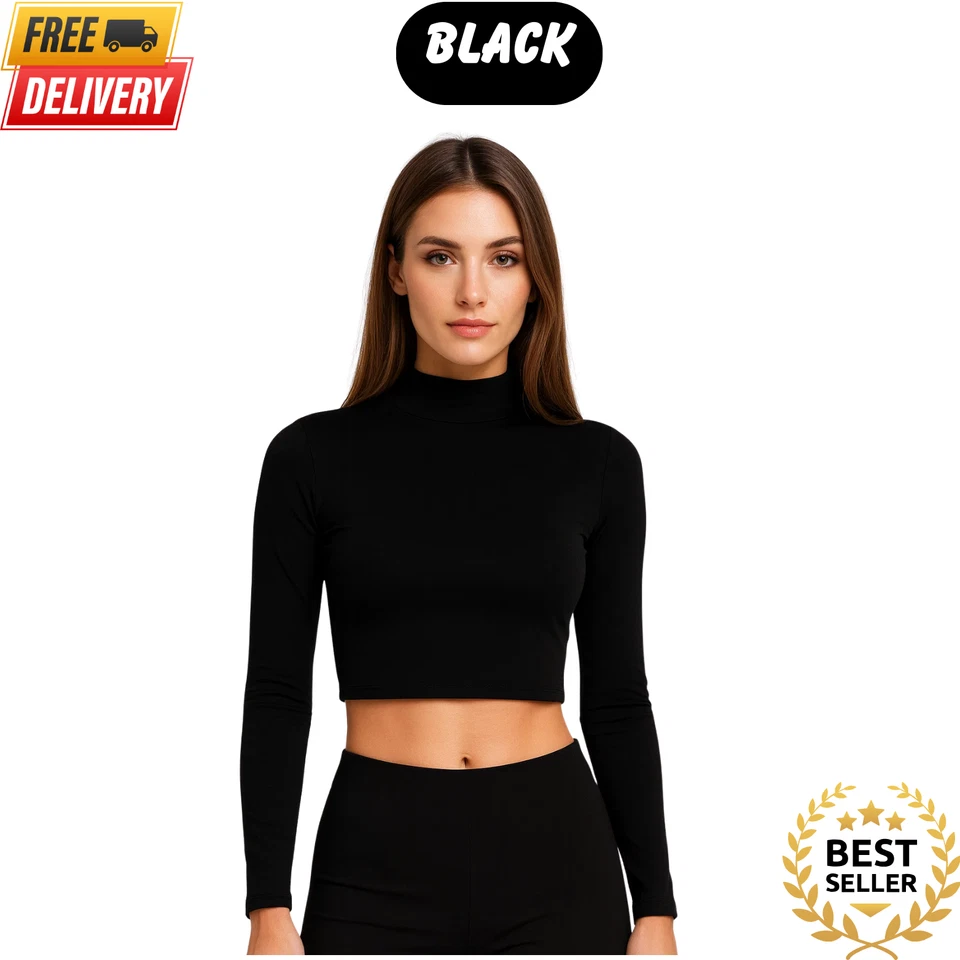 Ladies Turtle Polo Neck Crop Top Long Sleeve T-Shirt