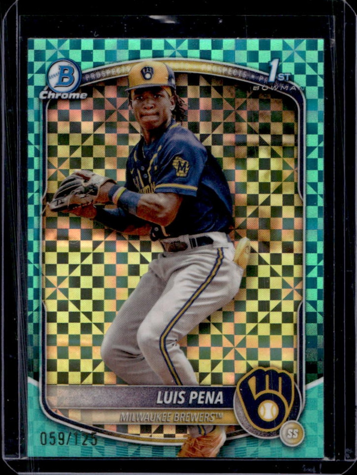 2025 Bowman Luis Pena Chrome Aqua X-Fractor 1st Prospect #/125 Brewers