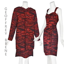 GEOFFREY BEENE 1990s Red, Brown & Black Silk Coat & Cocktail Dress Ensemble SZ12