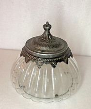 Fluted Hand Blown Glass Storage Jar Canister Metal Lid & Trim Made in India