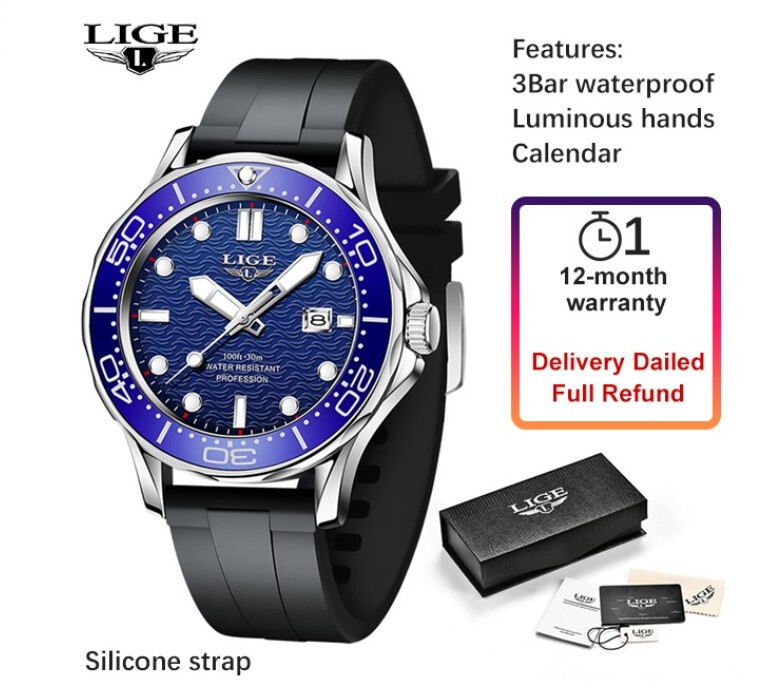Montre LIGE Bleue pour Homme avec Bracelet en Caoutchouc Noir Boîtier 42mm