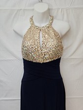 Sequin Maxi Dress 5/6 Navy Blue Gold Sequins Halter neckline Keyhole Long Gown
