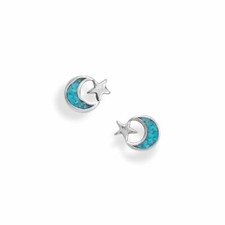 Sterling Silver Oxidized Simulated Turquoise Chip Moon and Star Earrings